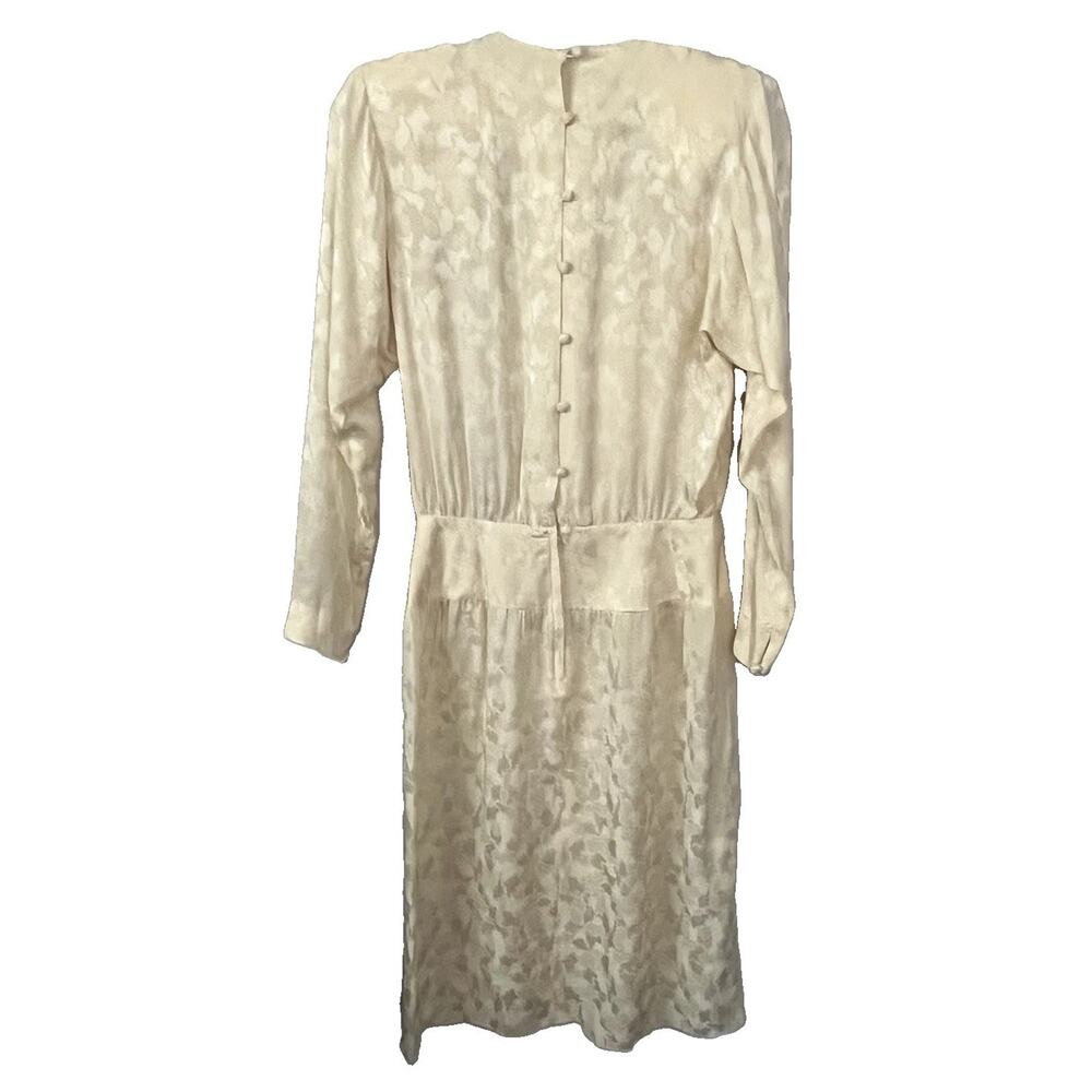 Vintage 80s Liz Claiborne Silk Dress 8 P Pale Yellow Jacquard Floral Faux Wrap - Picture 3 of 16